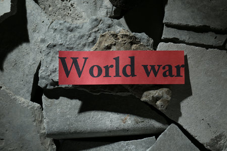 Paper with words World War on pieces of concrete, top viewの素材 [FY310203326928]