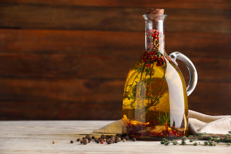 Glass jug of cooking oil with spices and herbs on white wooden table. Space for textの写真素材