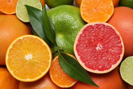 Different citrus fruits with fresh leaves as background, top viewの写真素材