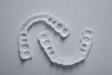 Dental mouth guards on gray background, flat lay. Bit correction