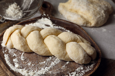 Raw braided bread and flour on wooden table, closeup. Traditional Shabbat challahの写真素材