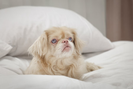 Cute Pekingese dog on bed in roomの写真素材