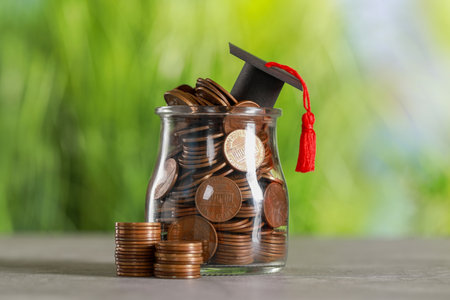 Scholarship concept. Graduation cap and jar with coins on gray table against blurred backgroundの写真素材