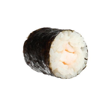 Delicious fresh sushi roll with shrimp isolated on whiteの写真素材