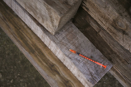 Disposable syringe with needle on wood outdoorsの写真素材