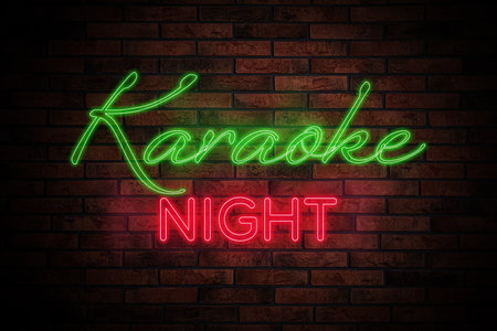 Glowing neon sign with words Karaoke Night on brick wallの写真素材