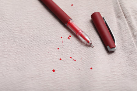 Pen and stains of red ink on shirt, closeup. Space for textの写真素材