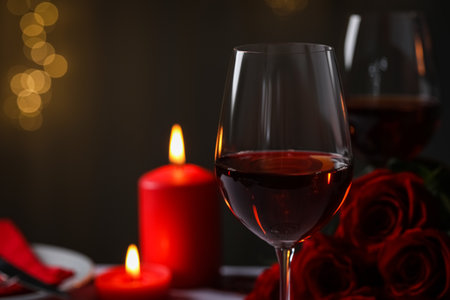 Glasses of red wine, burning candles and rose flowers against blurred lights, space for text. romantic atmosphereの写真素材