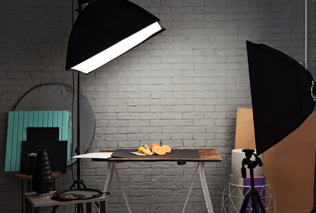Photo studio with professional lighting equipment for shooting foodの写真素材