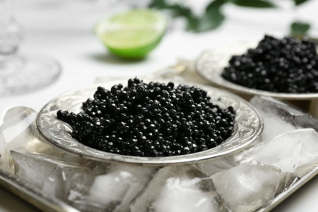 Plate with black caviar served with ice cubes on metal trayの写真素材