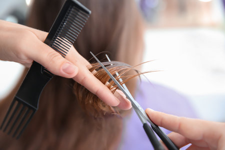 Professional hairdresser working with client in salonの写真素材