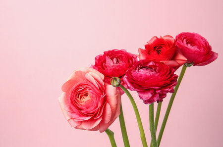 Beautiful ranunculus flowers on color backgroundの写真素材