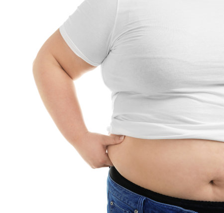 overweight woman on white backgroundの写真素材