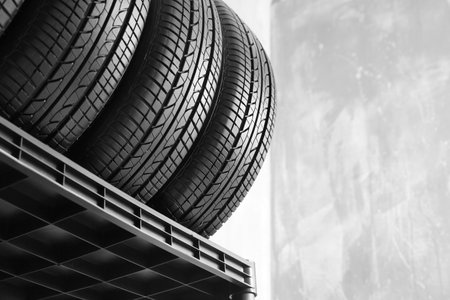 Car tires on gray background, closeupの写真素材