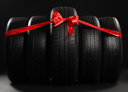 New car tires tied with ribbon on black backgroundの写真素材