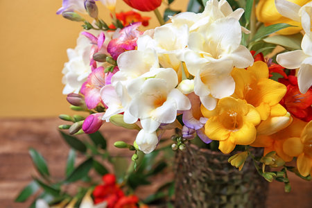 Vase with beautiful freesia flowers, closeupの写真素材