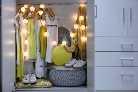 Women clothing on hangers in wardrobeの写真素材