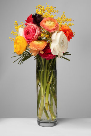 Vase with beautiful ranunculus and mimosa flowers on light background