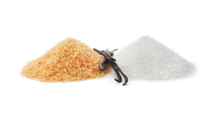 Vanilla sugar and sticks on white backgroundの写真素材