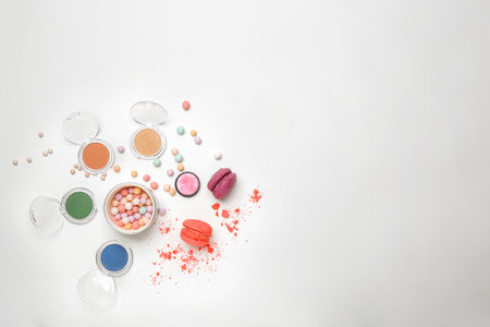 Decorative makeup products on white backgroundの写真素材