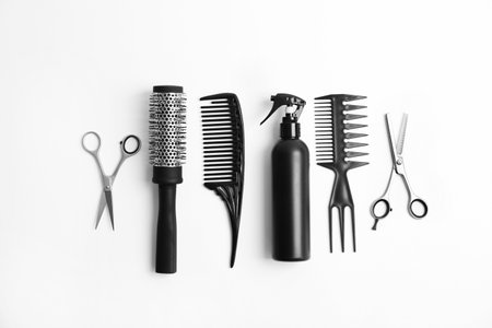 Professional hairdresser tools on white backgroundの写真素材