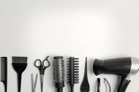 Professional hairdresser tools on white backgroundの写真素材