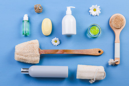 Flat lay composition with body care products on color backgroundの写真素材