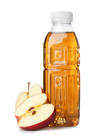 Bottle of apple juice and fresh fruit on white backgroundの写真素材