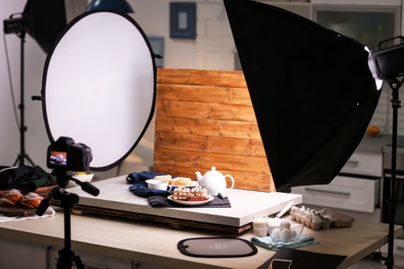 Professional camera on tripod and food composition in photo studioの写真素材