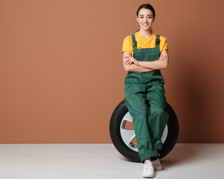 Female mechanic in uniform with car tire on color wall backgroundの写真素材