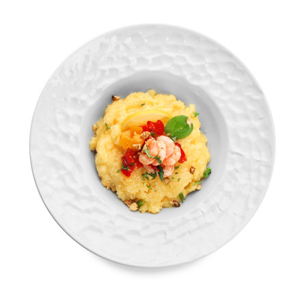 Plate with tasty shrimps and grits on white background, top viewの写真素材