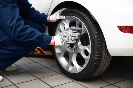 Mechanical cleaning wheel at tire service, closeup