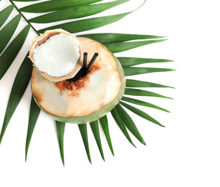 Fresh green coconut with drinking straws and palm leaf on white backgroundの写真素材