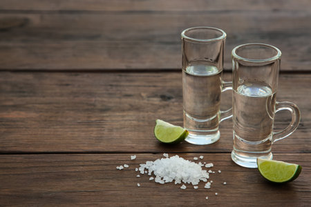 Mexican tequila shots with lime slices and salt on wooden table. Space for textの写真素材