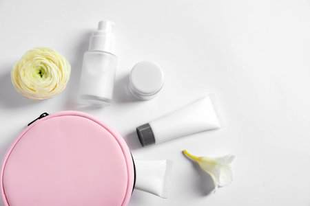 Flat lay composition with cosmetic products on white backgroundの写真素材