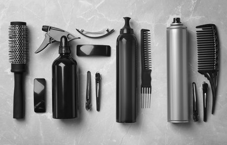 Professional hairdresser set on light backgroundの写真素材