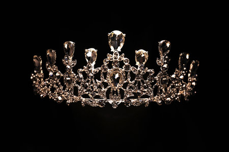 Beautiful silver tiara with diamonds on black backgroundの写真素材