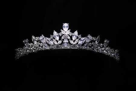 Beautiful silver tiara with diamonds on black backgroundの写真素材