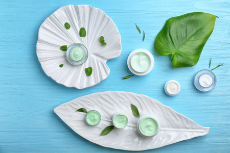 Composition with set of natural cosmetics on wooden backgroundの写真素材