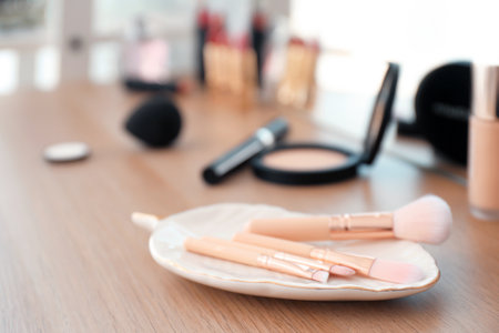 Brushes on dressing table in makeup room, closeupの写真素材