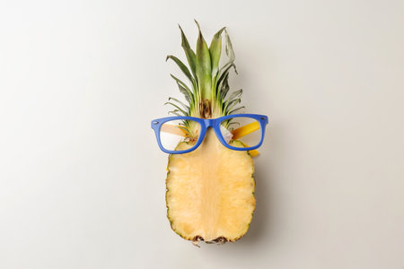 Funny cut pineapple with glasses on light backgroundの写真素材