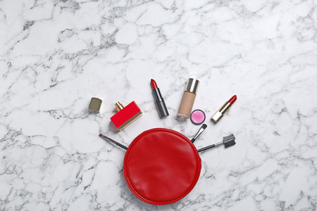 Flat lay composition with cosmetic products on marble backgroundの写真素材
