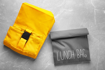 Lunch bags on gray background, top viewの写真素材