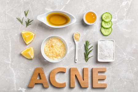 Word "Acne" and fresh ingredients for homemade problem skin remedy on light backgroundの写真素材