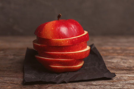 Fresh yummy sliced apple on wooden tableの写真素材