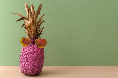 Pink pineapple with sunglasses on table against color wall