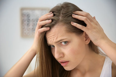 Young woman with hair loss problem indoorsの写真素材