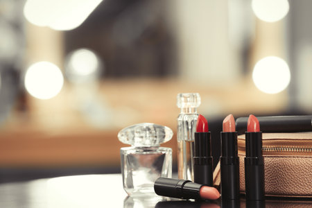Decorative cosmetics on dressing table in makeup room, closeupの写真素材