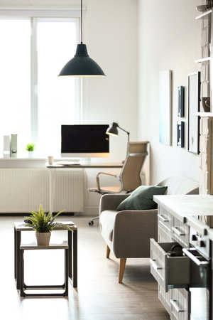 Modern room interior with lampsの写真素材