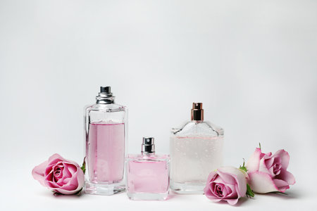 Composition with transparent bottles of perfume and beautiful flowers on white background